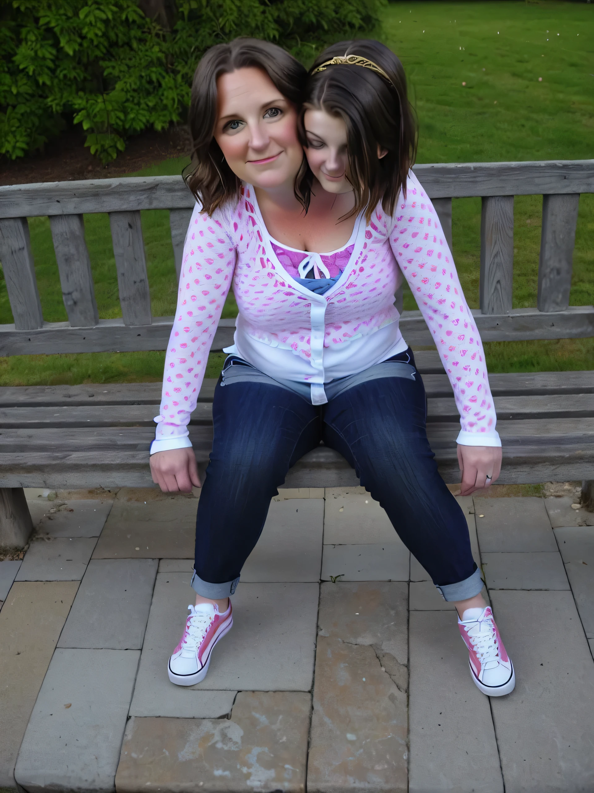 2heads, mom and daughter, (one head:1.5 older adult), (one head:1.5 ager), white girls, different ages, (two heads on one body:1.5), conjoined twins, heads side by side, one torso, two arms, two hands, young, photorealistic, uncomfortable,