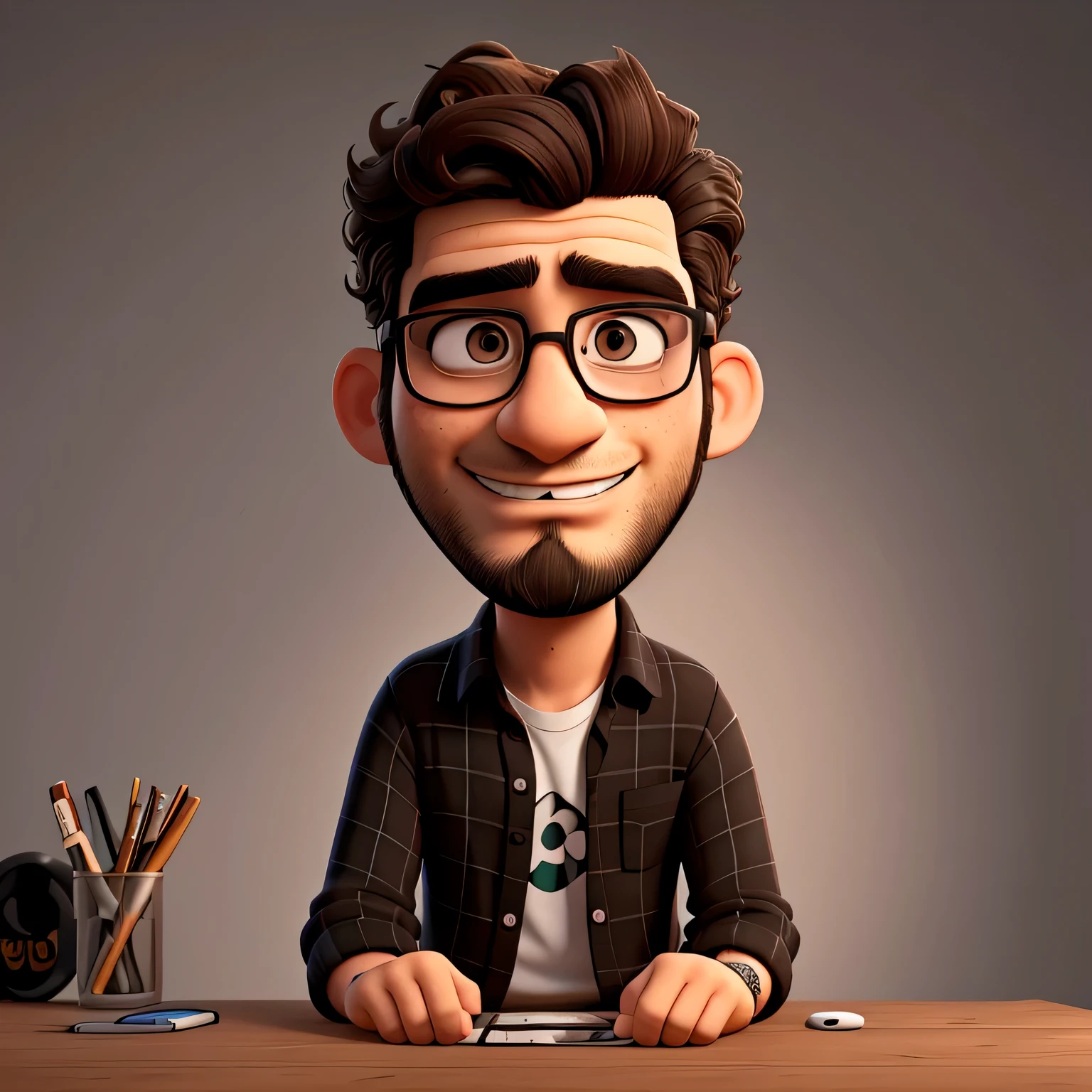 serious man, 25 years old, short dark brown curly hair, thick beard, prescription glasses, looking forward, black shirt with skateboard symbol, nerdy style, not smiling, portrait mode