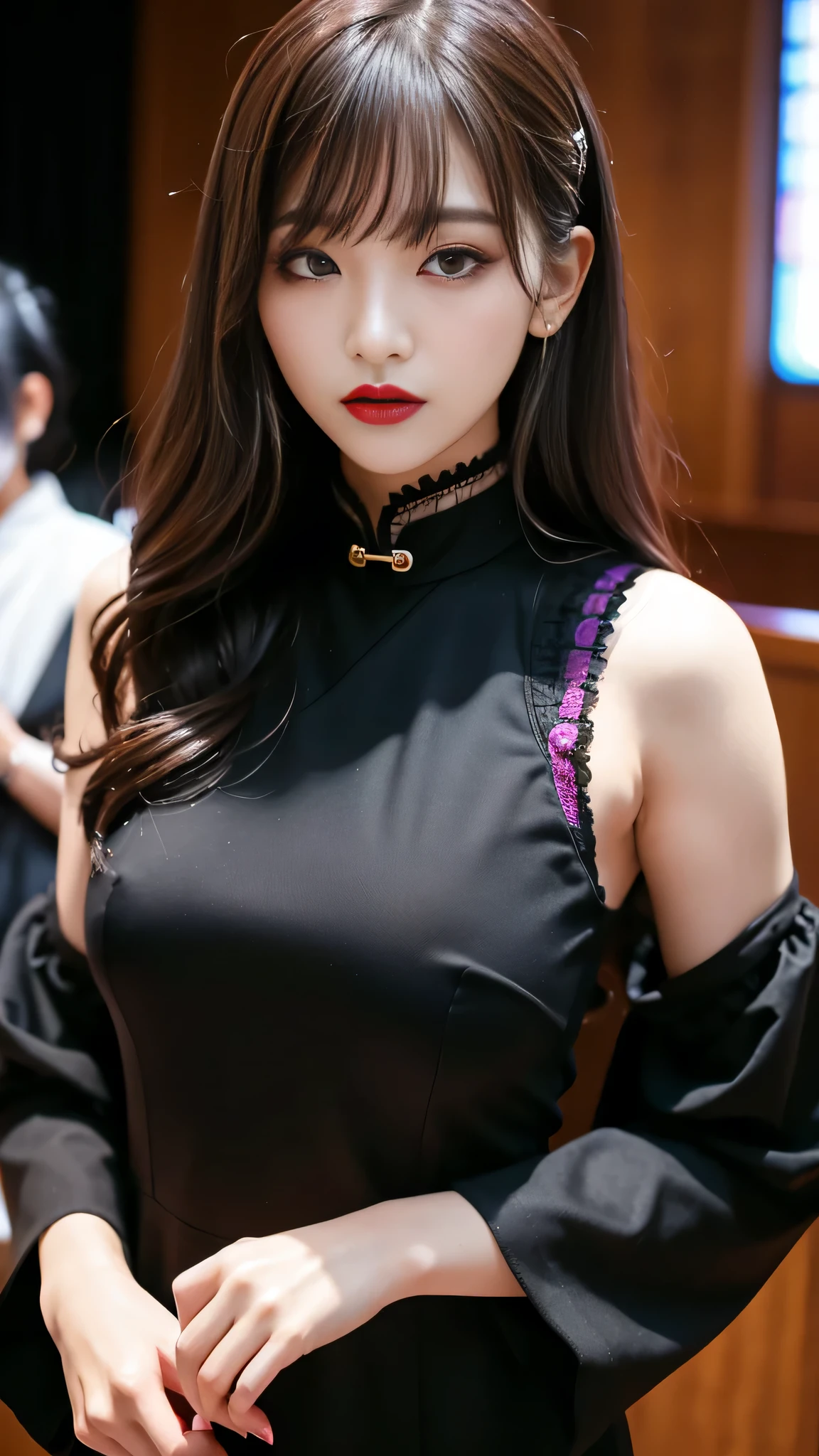 tra-detailed、Japanese、Attractive beauty、seductive adult woman、Pretty Woman、cool girl、brown hair、wavy hair、swept bangs、piercing eyes、hollow eyes、half-closed eyes、Hollow Eyes、Purple Eyeshadow、black lipstick、black lip gloss、dark makeup、smirk、Whisper in my ear、Evil expression、Long Black Cheongsam、Black wide sleeves、Evil cadres、Fallen into evil、brainwash、mind control、evil、Church at night、Swear allegiance、Have lipstick、Are standing
