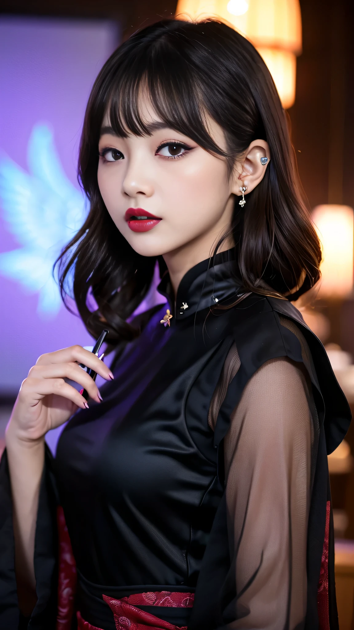 tra-detailed、Japanese、Attractive beauty、seductive adult woman、Pretty Woman、cool girl、brown hair、wavy hair、swept bangs、piercing eyes、hollow eyes、half-closed eyes、Hollow Eyes、Purple Eyeshadow、black lipstick、black lip gloss、dark makeup、smirk、Whisper in my ear、Evil expression、Long Black Cheongsam、Black wide sleeves、Evil cadres、Fallen into evil、brainwash、mind control、evil、Church at night、Swear allegiance、Have lipstick、Are standing