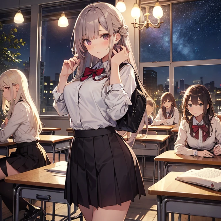 A group of female students, (in classroom), various hair styles, harem , night, details face, , short skirt, seducing, night, starry nights, school attires 