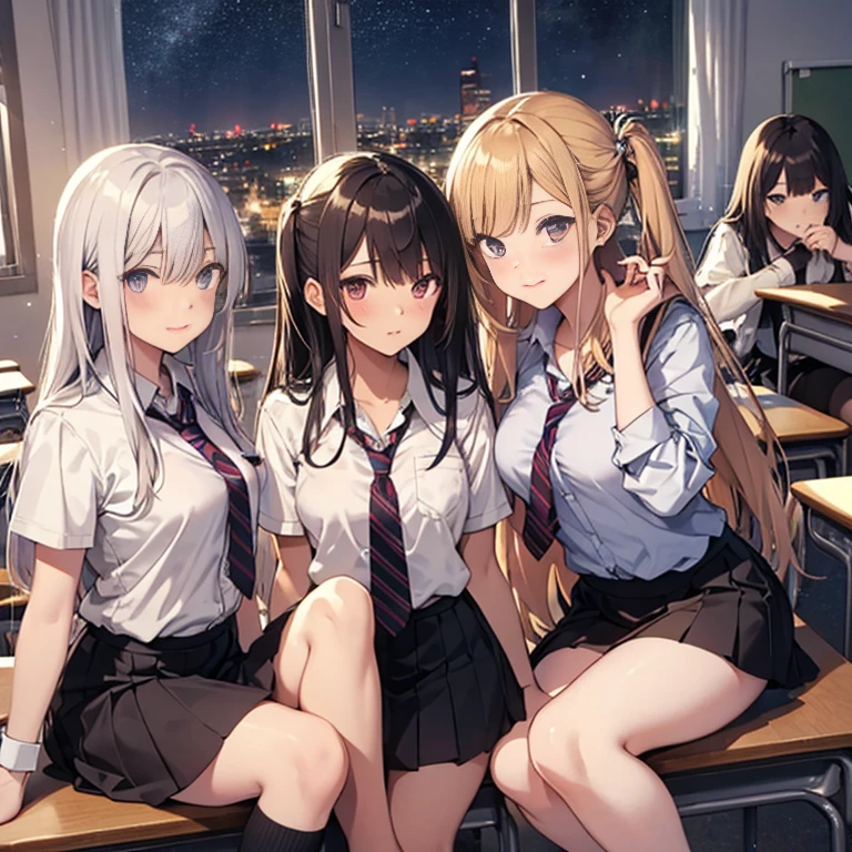 A group of female students, (in classroom), various hair styles, harem , night, details face, , short skirt, seducing, night, starry nights, school attires