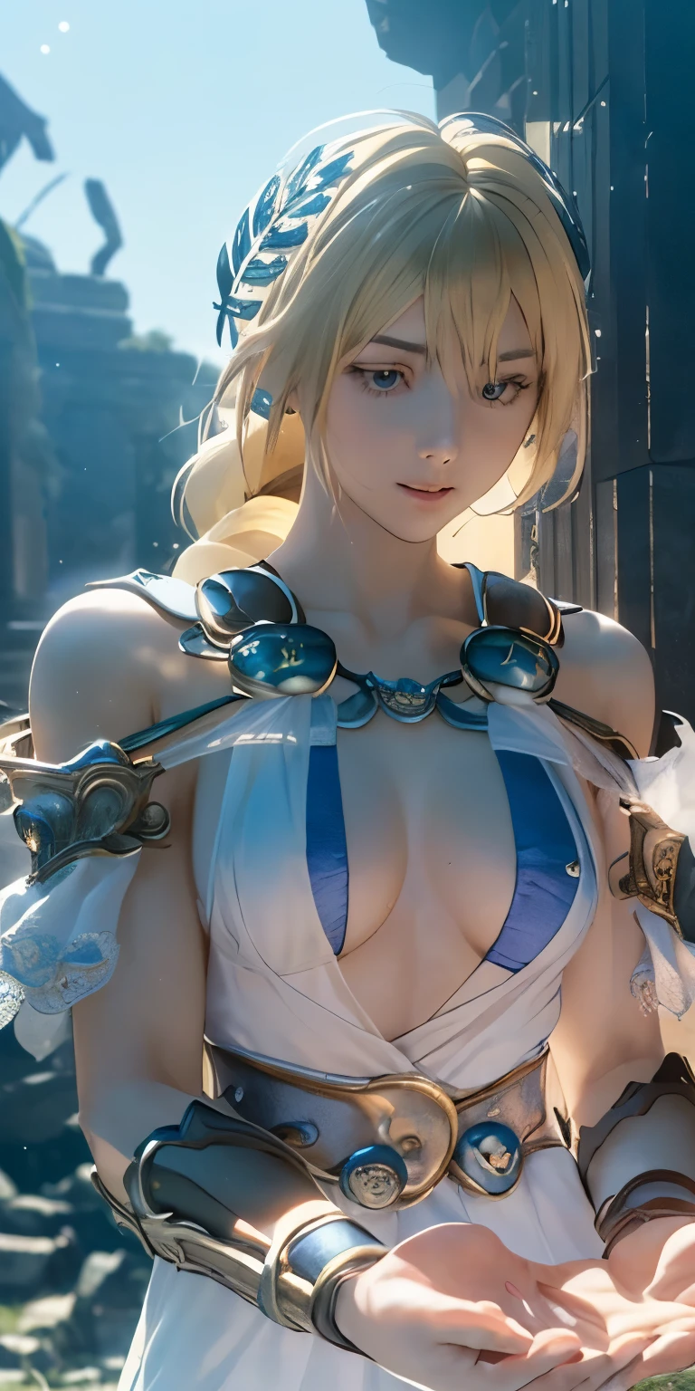 (masterpiece, best quality:1.3), Sophitia Alexandra, Soul Calibur, (upper body:1.5), anime, intricate detail, japanese style, 28 years old, look at viewer, gold hair, braid hair, (ruins blessed by the god Hephaestus, filled with a mystical air, beautiful stars spread out in a mysterious arrangement in the dark midnight:1.2),