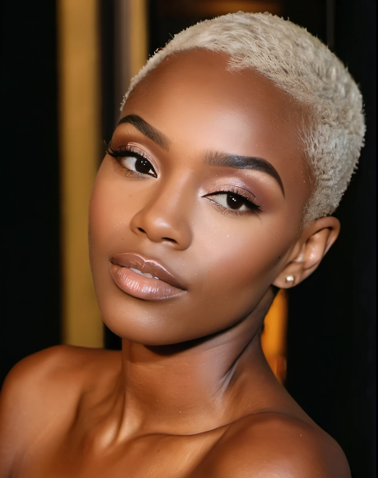 a close up of a woman with a short haircut and a brown dress, immaculate complexion, portrait of ororo munroe, maria borges, detailed portrait shot, short blonde afro, jaw-dropping beauty, close portrait, jaw dropping beauty, close - up portrait shot, profile image, in style of nadine ijewere, brown skin. light makeup