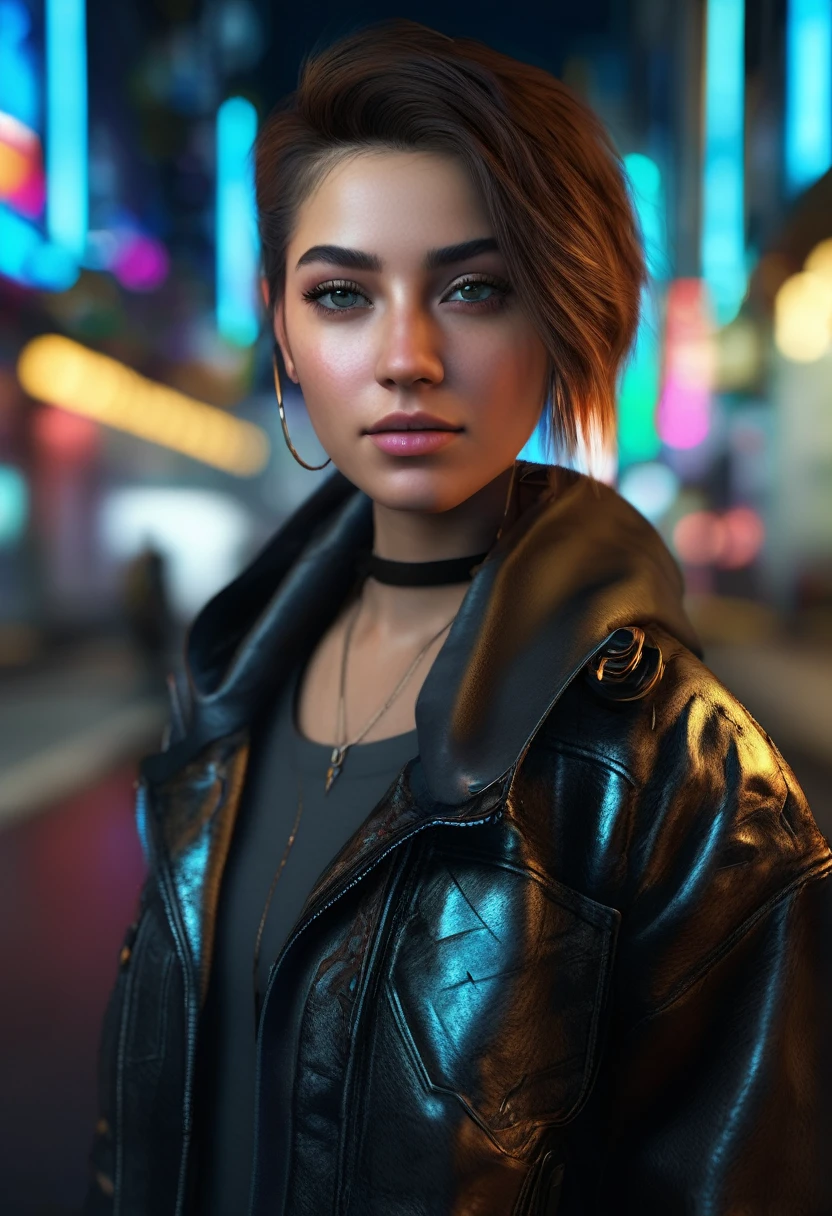 Unreal Engine: 1.4, CG 64K Ultra-realistic, Photorealistic: 1.4, Skin Texture: 1.4, Masterpiece: 1.4, Portrait Unreal Engine: 1.4, CG 64K Ultra-realistic, Photorealistic: 1.4, Skin Texture: 1.4, Masterpiece: 1.4, Closeup shot shot :1.4, young woman, cyberpunk style clothing, jeans, colorful and flashy cyberpunk style clothing, background lighting of the city with warm and vivid colors at night, ((32k Photo)) HDR, super realistic, raw quality, (Hyper-realistic style Details, vivid colors: 1.3, dark night sky, cyberpunk buildings, beautiful composition.