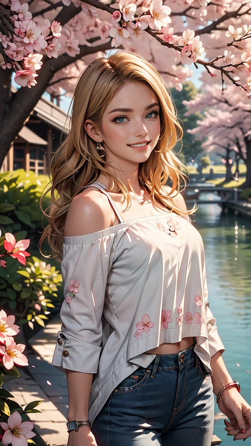 ((最high quality, 8K, masterpiece: 1.3, Ultra HD, high quality, 最high quality, High resolution, realism)) 、(High saturation:1.0), (Highly detailed skin), (最high quality:1.0), (超High resolution:1.0) ,(Realistic:1.0), (Very detailed:1.0), (8K, Raw photo:1.1), slender、Slender, muscular body that&#39;s toned like an athlete&#39;s、I want my head to stay off screen、Wear accessories on your wrist、Wearing red nail polish、I have a peticure、25-year-old Caucasian female、Platinum Blonde、long hair、Hair becomes wavy、blue eyes、Hair above one eye、smile、Smiling with teeth showing((grin ))、Wear off-the-shoulder tops、Lower milk visible、Wear low rise skinny jeans、At the lakeside、There is only nature around、Full bloom cherry blossoms、SakuraFubuki