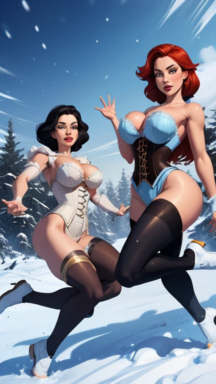Beautiful character pose in dynamic pose two women together Snow White on the left and together with Cinderella on the right with a symmetrical body with a corset and beautiful , corpo bem definido, delicado e sensual, estilo de desenho animado, digital illustration
