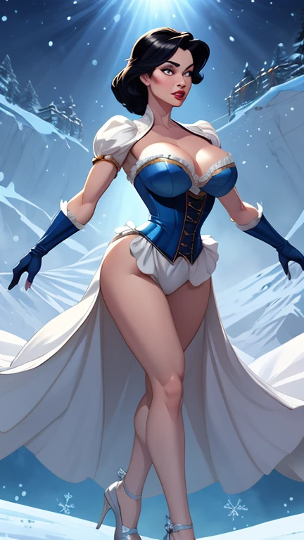 Beautiful character pose in dynamic pose two women together Snow White on the left and together with Cinderella on the right with a symmetrical body with a corset and beautiful breasts, corpo bem definido, delicado e sensual, estilo de desenho animado, digital illustration