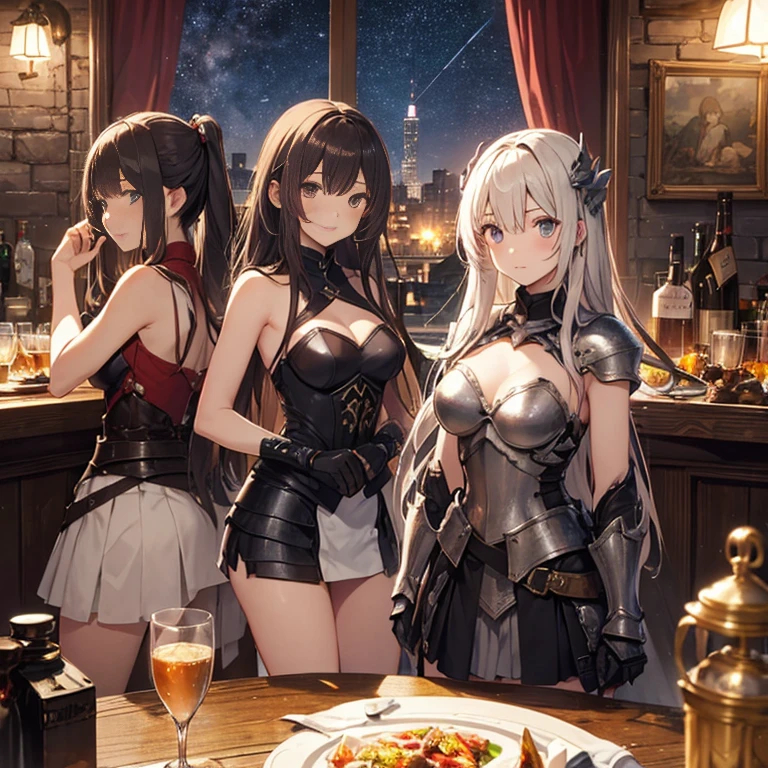 A group of young female knight, (in tavern), various hair styles, harem, wearing armored clothes, metal armor, night, details face, , short skirt, seducing, sword, sleeveless , showing armpits, night, starry night 