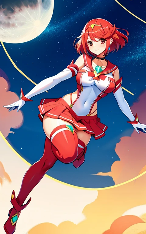 masterpiece,best quality,pyra,\(xenoblade\),xenoblade chronicles \(series\), (xenoblade chronicles 2),1girl, bangs, breasts, red eyes,earrings, eyelashes, gloves, floating hair, gem, gloves, hair ornament, headpiece, jewelry, huge breasts, huge thighs, narrow waist, wide hips, thick thighs, curvy, leaning back, (white leotard), neon trim, official art, red hair, saitou masatsugu, short hair, skin tight, solo,swept bangs, thighhighs, tiara, miniskirt, choker, bow, crescent earrings, starry sky, knee boots, red choker, white gloves, moon, red bow, sky, magical girl, elbow gloves, star (symbol), sailor senshi uniform, crescent, crescent moon, smile, gloves, sailor collar, red skirt, red footwear, s vambraces,various pose, unity,8k wallpape