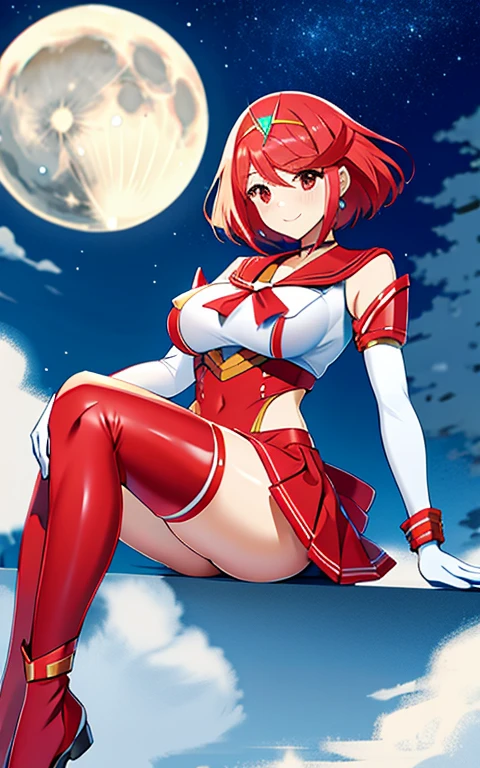 masterpiece,best quality,pyra,\(xenoblade\),xenoblade chronicles \(series\), (xenoblade chronicles 2),1girl, bangs, breasts, red eyes,earrings, eyelashes, gloves, floating hair, gem, gloves, hair ornament, headpiece, jewelry, huge breasts, huge thighs, narrow waist, wide hips, thick thighs, curvy, leaning back, (white leotard), neon trim, official art, red hair, saitou masatsugu, short hair, skin tight, solo,swept bangs, thighhighs, tiara, miniskirt, choker, bow, crescent earrings, starry sky, knee boots, red choker, white gloves, moon, red bow, sky, magical girl, elbow gloves, star (symbol), sailor senshi uniform, crescent, crescent moon, smile, gloves, sailor collar, red skirt, red footwear, s vambraces,various pose, unity,8k wallpape