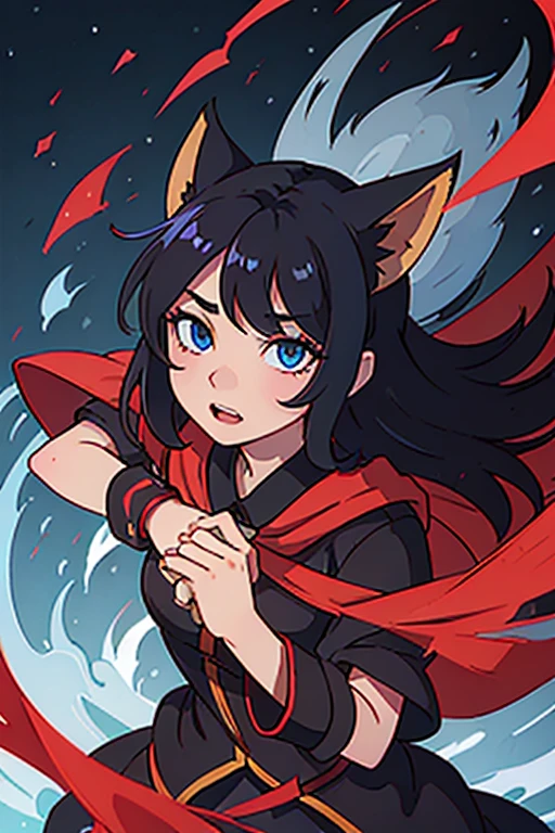ahri,black hair,red cloth and black cloth with shirt fox ears and fox tail blue eyes