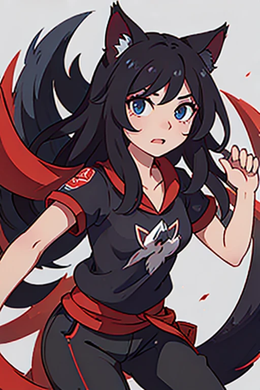 ahri,black hair,red cloth and black cloth with shirt fox ears and fox tail blue eyes