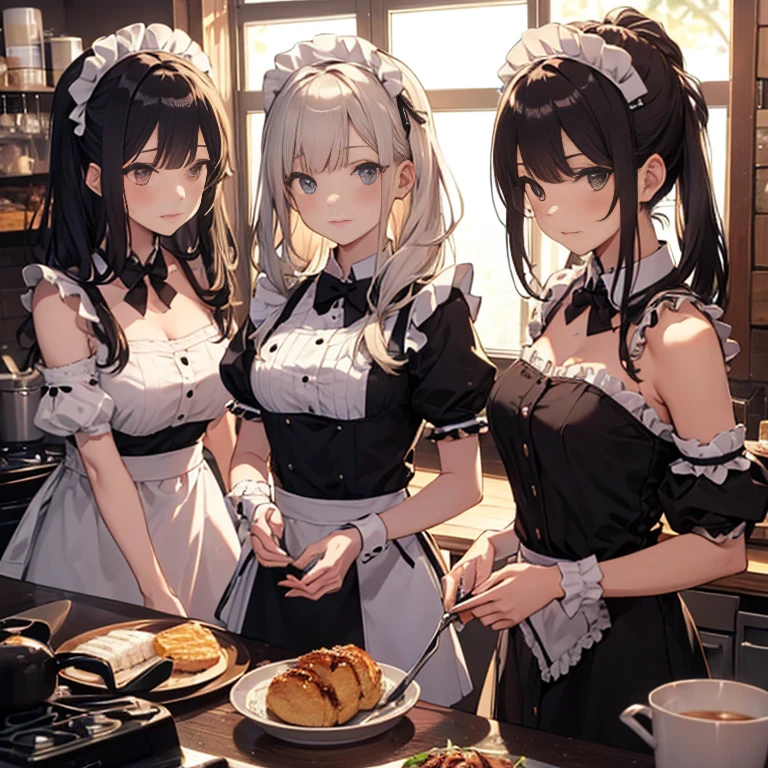 A group of maids, (in kitchen), various hair styles, harem, wearing maid uniform, night, details face, , short skirt, seducing, sleeveless , night, starry night, armpits 
