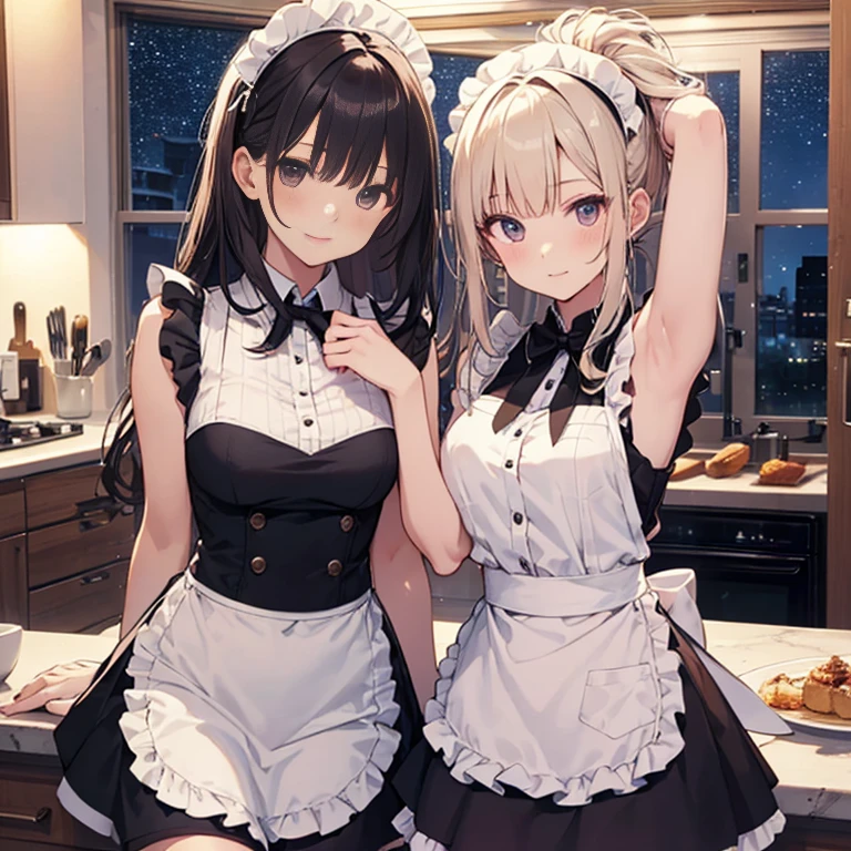 A group of maids, (in kitchen), various hair styles, harem, wearing maid uniform, night, details face, , short skirt, seducing, sleeveless , night, starry night, armpits