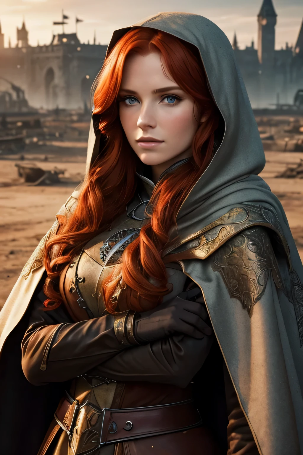 Woman against the backdrop of wasteland. Redhead long hair. German appearance. Prominent cheekbones and sunken cheeks. Hazel eyes. Fantasy. Close-up. Old medieval traveling cloak with hood.