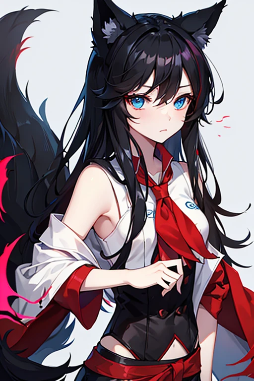 ahri,black hair,red cloth and black cloth with shirt fox ears and fox tail blue eyes