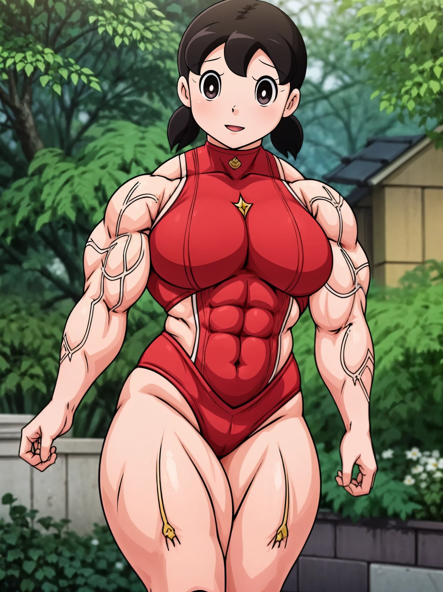 In a beautiful countryside, under the warm sunlight, stands Shizuka Minamoto, a big muscular female bodybuilder. Her toned muscles glisten with sweat as she confidently poses in front of a blooming garden. Her body is a masterpiece of strength and determination, adorned with bulging biceps, defined six-pack abs, and powerful legs. Shizuka's eyes sparkle with determination and focus, while her lips form a determined smile. Her long eyelashes add to her overall beauty and charm. The artwork depicts Shizuka in a hyper-realistic style, resembling a high-resolution photograph. Every detail of her physique is captured with extreme precision, showcasing the dedication and hard work she has put into her training. The lighting in the scene highlights her muscular contours, creating a visually striking composition. The garden surrounding Shizuka is filled with vibrant colors, with flowers of various hues and shades. The lush green grass provides a natural and refreshing backdrop. The scene is bathed in warm, golden sunlight, casting soft, cascading shadows across the landscape. The overall color tone of the image is vivid and vibrant, enhancing the energetic atmosphere. The medium used to create this artwork is a combination of traditional illustration and digital painting techniques. The fine details and textures of Shizuka's muscles are painstakingly hand-drawn, while the background and foliage are digitally rendered for a realistic and immersive experience. The result is a visually stunning artwork that showcases the beauty and strength of the human body. In summary, the Stable Diffusion prompt for this artwork is: Shizuka Minamoto, big muscular female bodybuilder, beautiful countryside, confident pose, bulging biceps, defined abs, powerful legs, determined eyes and lips, long eyelashes, hyper-realistic, high-resolution, vibrant colors, warm sunlight, detailed muscles, traditional illustration combined with digital painting, realistic foliage, vivid and vibrant color t