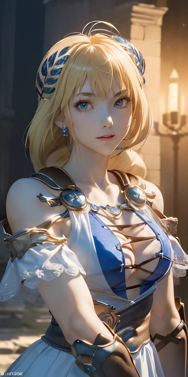 (masterpiece, best quality:1.3), Sophitia Alexandra, Soul Calibur, (upper body:1.5), anime, intricate detail, japanese style, 28 years old, look at viewer, gold hair, braid hair, (ruins blessed by the god Hephaestus, filled with a mystical air, beautiful stars spread out in a mysterious arrangement in the dark midnight:1.2),