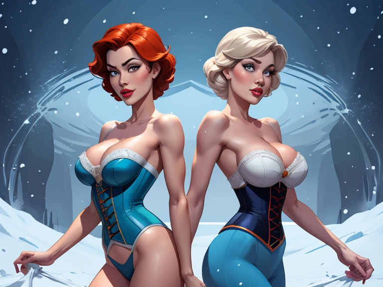 Beautiful character pose in dynamic pose two women together Snow White on the left and together with Cinderella on the right with a symmetrical body with a corset and beautiful breasts, corpo bem definido, delicado e sensual, estilo de desenho animado, digital illustration