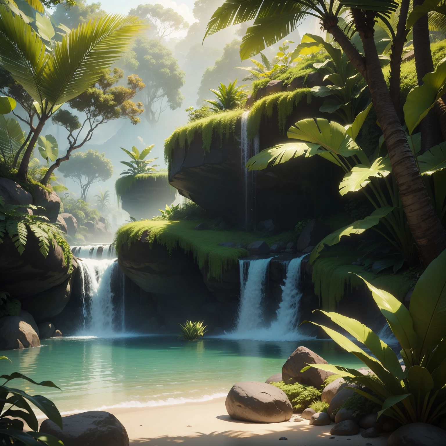 cenario tropical hyperrealista 4k com plantas brasileiras e arvores verdes, calor e flora brasileira, com agua