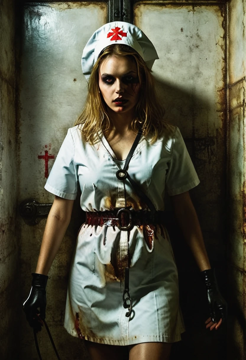 Silent Hill Satanic young demonic creepy nurse girl locked in a dark and dirty cell, full body, horror, thick strokes, impasto, Albrecht Durer, Rembrandt, baroque art, alla prima, sfumato, chiaroscuro, intense light, lens flare, synthwave
