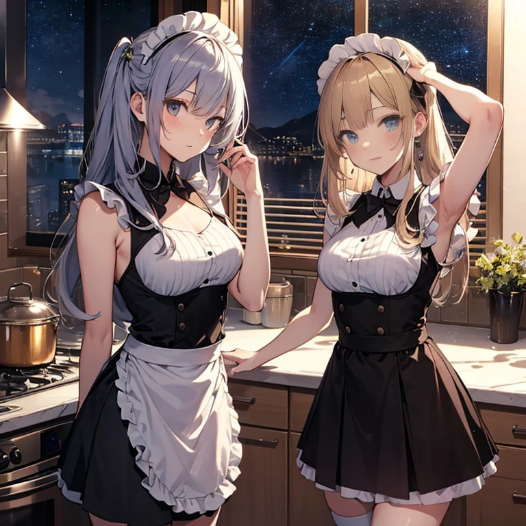 A group of maids, (in kitchen), various hair styles, harem, wearing maid uniform, night, details face, , short skirt, seducing, sleeveless , night, starry night, armpits 