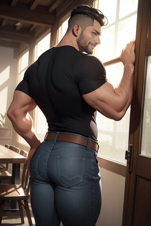 hombre musculoso salvaje, (40 year old daddy:1.1), 1 chico, Solo, (vistiendo una camisa a cuadros roja afuera), (camiseta gris por dentro), (hombros grandes), musculatura, rastrojos, barba corta, ojos bonitos:1.3, ), (cara detallada:1.3), smiles, dynamic angle, volumetric lighting, (mejor calidad, A high resolution, fotorrealista), cinematic lighting, Obra maestra, foto cruda, detalles intrincados, hdr, cuerpo completo, Big muscular body, Big Bubble butt, jeans crouched bent over man backside