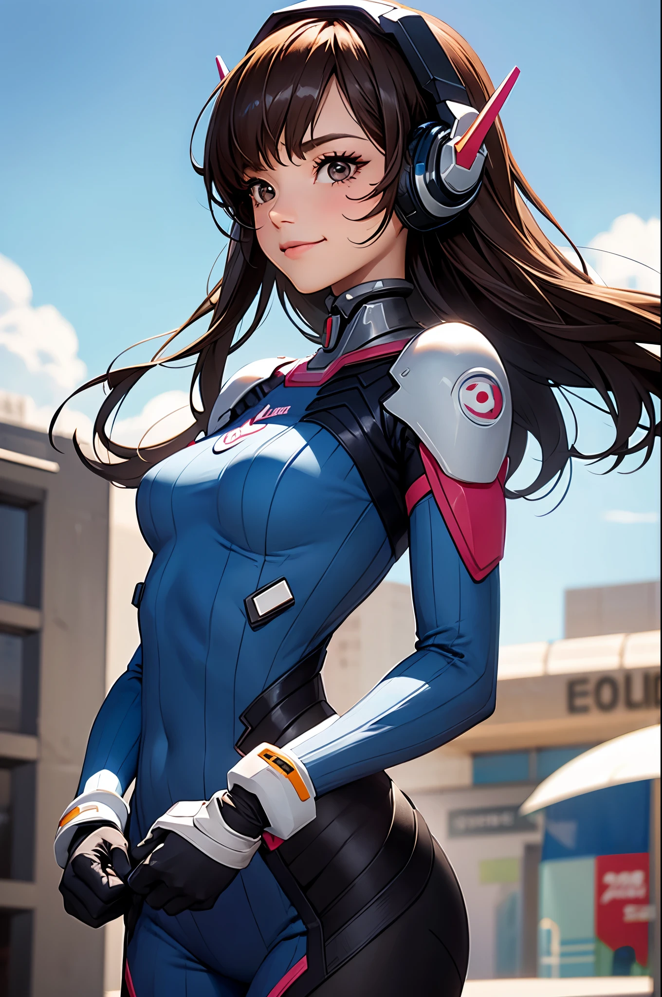 (masterpiece, best quality:1.2), expressive eyes, perfect face, highres, 1girl, solo, aahana, long hair, brown hair, headphones, whisker markings, shoulder pads, blue bodysuit, ribbed bodysuit, animal print, clothes writing, long sleeves, white gloves, smiling, standing, upper body, looking at the viewer