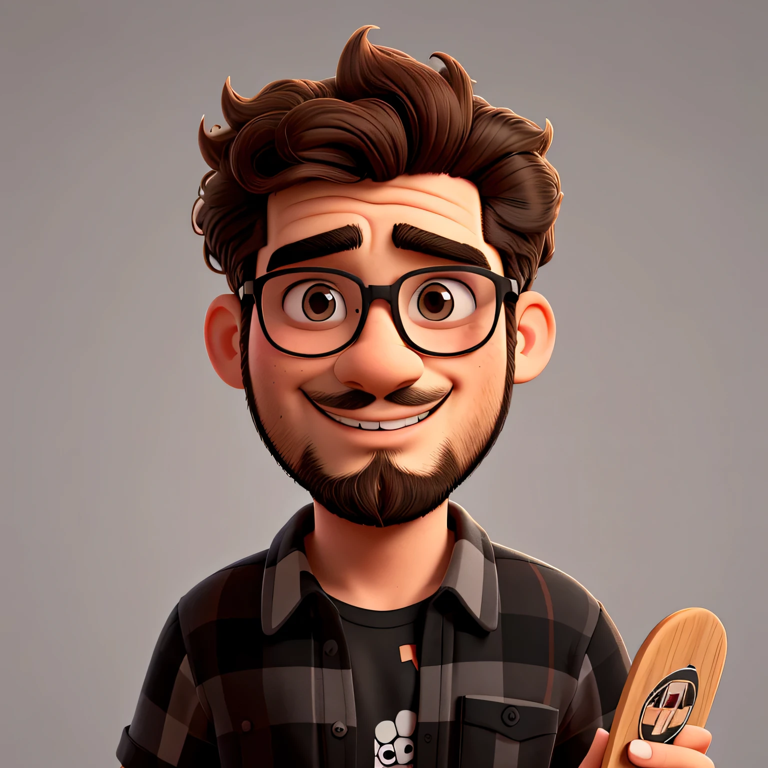 best quality image, man, 25 years old, short very curly hair, thick beard, wearing round prescription glasses, thin face, black shirt with a skateboard design, nerd