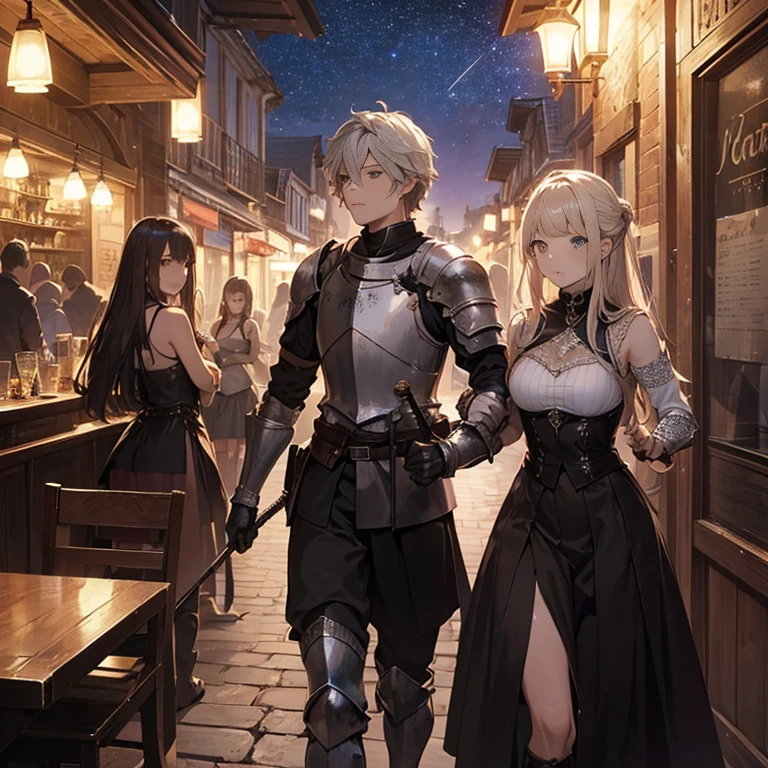 A group of young female knight, (in tavern), various hair styles, harem, wearing armored clothes, metal armor, night, details face, , short skirt, seducing, sword, sleeveless , showing armpits, night, starry night
