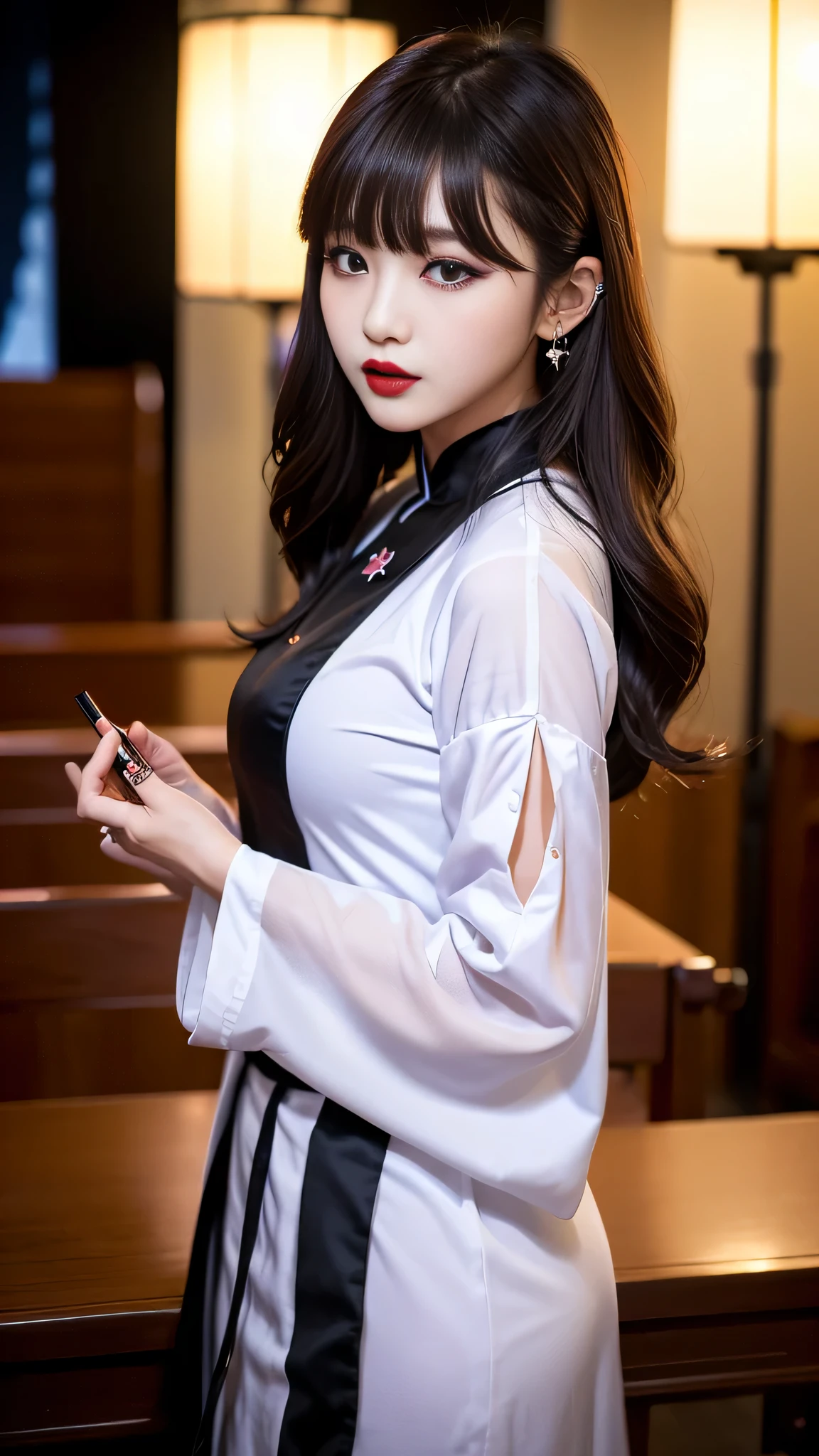 (8k, RAW photo, photorealistic:1.25) ,( Gloss on lips, eyeslashes, gloss face, Glossy glossy skin, best qualtiy, 超高分辨率, depth of fields, color difference, Caustics, Wide light, naturalshadow, Kpop idol) Being in the room,chinese style,sitted,sliver long hair,White cheongsam,Gold trim,Bigchest,long leges