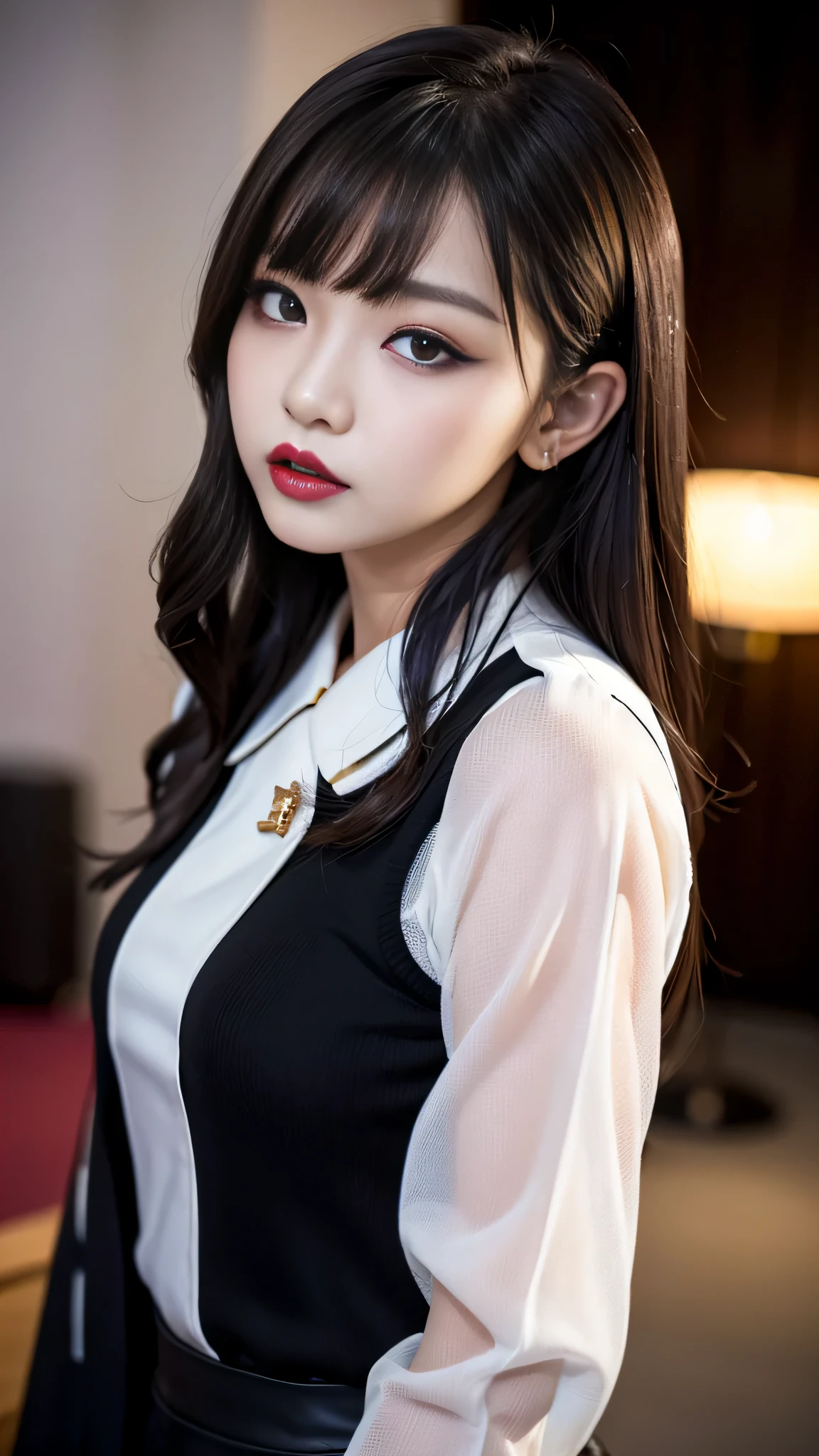 tra-detailed、Japanese、Attractive beauty、seductive adult woman、Pretty Woman、cool girl、brown hair、wavy hair、swept bangs、piercing eyes、hollow eyes、half-closed eyes、Hollow Eyes、Purple Eyeshadow、black lipstick、black lip gloss、dark makeup、smirk、Whisper in my ear、Evil expression、Long Black Cheongsam、Black wide sleeves、Evil cadres、Fallen into evil、brainwash、mind control、evil、Church at night、Swear allegiance、Have lipstick、Are standing