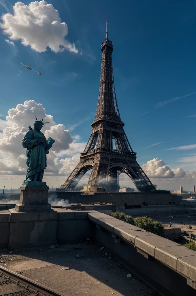 masterpiece, best quality, highres, 8k, colorful, martius_fuzz, one large illuminated nuclear blast with shockwave by emb-nuke2 in the distance, long distance shot, featuring the Eiffel Tower and Statue of Liberty amidst a catastrophic event, helicopters and jet flying through smoke and debris, military tanks and soldiers on the ground, with a partly cloudy sky showing blue patches.