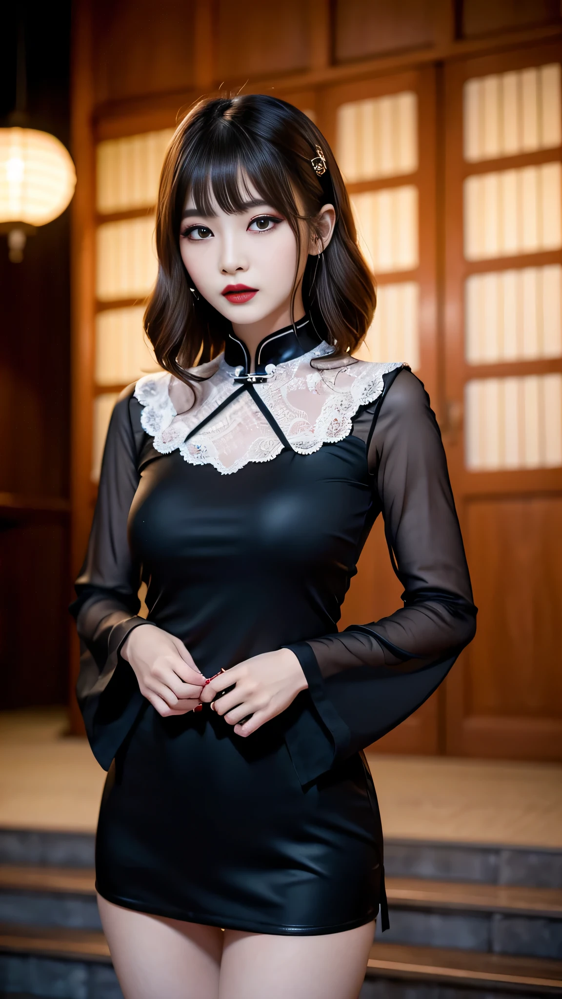 tra-detailed、Japanese、Attractive beauty、seductive adult woman、Pretty Woman、cool girl、brown hair、wavy hair、swept bangs、piercing eyes、hollow eyes、half-closed eyes、Hollow Eyes、Purple Eyeshadow、black lipstick、black lip gloss、dark makeup、smirk、Whisper in my ear、Evil expression、Long Black Cheongsam、Black wide sleeves、Evil cadres、Fallen into evil、brainwash、mind control、evil、Church at night、Swear allegiance、Have lipstick、Are standing