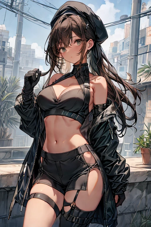ubel,dark green hair,long hair,side ponytail,hair between eyes,bangs, BREAK (beret, black jacket, open clothes, cleavage, midriff, black shorts, black thighhighs, thigh strap, fingerless gloves, single glove:1.2), Photo,sharpness, F1.6 lens,hyper-realistic textures,spectacular light textures, Cinestil 800 Fashion Mechanics,(((Beautiful woman with left leg restrained and hung by chains))),Appearance,Beautiful girl with accentuated slender abs: 1.1,six-pack abs: 1.1, Bust Botox,Standing on tiptoe, long legs,Long brown hair fluttering in the wind,Brown hair, Long hair, Female Warrior Costume,(No panties,No bra),(tacticul battle fashion,elbow and knee tacticul battle fashion, battle glove: 1.1),((cute batre costume)),The belly comes out and the navel is visible,Thin sheer costume, combat gloves,shredded costumes,cyber long combat boots with golden knee pads,Anatomical,(futuristic sci-fi battle fashion, new elbow and knee cyberpads, new cyberlong boots, new cybergloves: 1.1),(tied perfectly by iron chain), Restraint, Slave, collars, contempt, (Chained), 4 chains hung from heaven, Metallic shackles and fetters, wet crotch clearly visible,((Hands are restrained above the head)), the neck is chained,Chain from left knee to heaven,Chained by rusty iron chains,((the tip is protruding, areolas protruding,The shape of the pubic area is clearly visible:1.2)),Sweating,Wet,Wet crotch,Wet thighs,Junkyard, Realistic, (cute, perfect clothes, skimpy clothes, cute: 1.3) ,Vast miritary base in us,((wide mirtary hospital with summer sunlight)), peeling ceilings, Rebar between, Realistic material details, Extreme details, Ultra-realistic materials,narrow waist,(with sparkling eyes and a contagious smile:0.9),looking at viewer,
