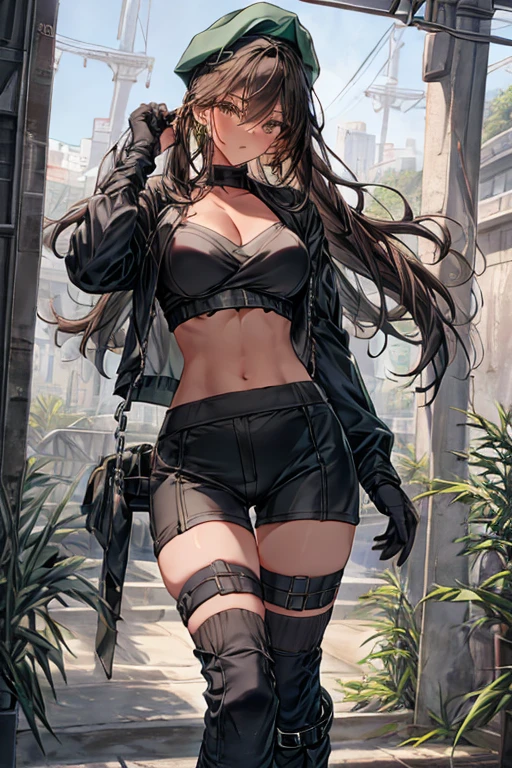 ubel,dark green hair,long hair,side ponytail,hair between eyes,bangs, BREAK (beret, black jacket, open clothes, cleavage, midriff, black shorts, black thighhighs, thigh strap, fingerless gloves, single glove:1.2), Photo,sharpness, F1.6 lens,hyper-realistic textures,spectacular light textures, Cinestil 800 Fashion Mechanics,(((Beautiful woman with left leg restrained and hung by chains))),Appearance,Beautiful girl with accentuated slender abs: 1.1,six-pack abs: 1.1, Bust Botox,Standing on tiptoe, long legs,Long brown hair fluttering in the wind,Brown hair, Long hair, Female Warrior Costume,(No panties,No bra),(tacticul battle fashion,elbow and knee tacticul battle fashion, battle glove: 1.1),((cute batre costume)),The belly comes out and the navel is visible,Thin sheer costume, combat gloves,shredded costumes,cyber long combat boots with golden knee pads,Anatomical,(futuristic sci-fi battle fashion, new elbow and knee cyberpads, new cyberlong boots, new cybergloves: 1.1),(tied perfectly by iron chain), Restraint, Slave, collars, contempt, (Chained), 4 chains hung from heaven, Metallic shackles and fetters, wet crotch clearly visible,((Hands are restrained above the head)), the neck is chained,Chain from left knee to heaven,Chained by rusty iron chains,((the tip is protruding, areolas protruding,The shape of the pubic area is clearly visible:1.2)),Sweating,Wet,Wet crotch,Wet thighs,Junkyard, Realistic, (cute, perfect clothes, skimpy clothes, cute: 1.3) ,Vast miritary base in us,((wide mirtary hospital with summer sunlight)), peeling ceilings, Rebar between, Realistic material details, Extreme details, Ultra-realistic materials,narrow waist,(with sparkling eyes and a contagious smile:0.9),looking at viewer, 