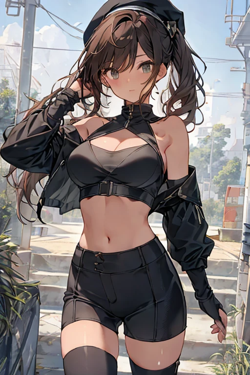 ubel,dark green hair,long hair,side ponytail,hair between eyes,bangs, BREAK (beret, black jacket, open clothes, cleavage, midriff, black shorts, black thighhighs, thigh strap, fingerless gloves, single glove:1.2), Photo,sharpness, F1.6 lens,hyper-realistic textures,spectacular light textures, Cinestil 800 Fashion Mechanics,(((Beautiful woman with left leg restrained and hung by chains))),Appearance,Beautiful girl with accentuated slender abs: 1.1,six-pack abs: 1.1, Bust Botox,Standing on tiptoe, long legs,Long brown hair fluttering in the wind,Brown hair, Long hair, Female Warrior Costume,(No panties,No bra),(tacticul battle fashion,elbow and knee tacticul battle fashion, battle glove: 1.1),((cute batre costume)),The belly comes out and the navel is visible,Thin sheer costume, combat gloves,shredded costumes,cyber long combat boots with golden knee pads,Anatomical,(futuristic sci-fi battle fashion, new elbow and knee cyberpads, new cyberlong boots, new cybergloves: 1.1),(tied perfectly by iron chain), Restraint, Slave, collars, contempt, (Chained), 4 chains hung from heaven, Metallic shackles and fetters, wet crotch clearly visible,((Hands are restrained above the head)), the neck is chained,Chain from left knee to heaven,Chained by rusty iron chains,((the tip is protruding, areolas protruding,The shape of the pubic area is clearly visible:1.2)),Sweating,Wet,Wet crotch,Wet thighs,Junkyard, Realistic, (cute, perfect clothes, skimpy clothes, cute: 1.3) ,Vast miritary base in us,((wide mirtary hospital with summer sunlight)), peeling ceilings, Rebar between, Realistic material details, Extreme details, Ultra-realistic materials,narrow waist,(with sparkling eyes and a contagious smile:0.9),looking at viewer, 