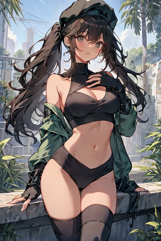 ubel,dark green hair,long hair,side ponytail,hair between eyes,bangs, BREAK (beret, black jacket, open clothes, cleavage, midriff, black shorts, black thighhighs, thigh strap, fingerless gloves, single glove:1.2), Photo,sharpness, F1.6 lens,hyper-realistic textures,spectacular light textures, Cinestil 800 Fashion Mechanics,(((Beautiful woman with left leg restrained and hung by chains))),Appearance,Beautiful girl with accentuated slender abs: 1.1,six-pack abs: 1.1, Bust Botox,Standing on tiptoe, long legs,Long brown hair fluttering in the wind,Brown hair, Long hair, Female Warrior Costume,(No panties,No bra),(tacticul battle fashion,elbow and knee tacticul battle fashion, battle glove: 1.1),((cute batre costume)),The belly comes out and the navel is visible,Thin sheer costume, combat gloves,shredded costumes,cyber long combat boots with golden knee pads,Anatomical,(futuristic sci-fi battle fashion, new elbow and knee cyberpads, new cyberlong boots, new cybergloves: 1.1),(tied perfectly by iron chain), Restraint, Slave, collars, contempt, (Chained), 4 chains hung from heaven, Metallic shackles and fetters, wet crotch clearly visible,((Hands are restrained above the head)), the neck is chained,Chain from left knee to heaven,Chained by rusty iron chains,((the tip is protruding, areolas protruding,The shape of the pubic area is clearly visible:1.2)),Sweating,Wet,Wet crotch,Wet thighs,Junkyard, Realistic, (cute, perfect clothes, skimpy clothes, cute: 1.3) ,Vast miritary base in us,((wide mirtary hospital with summer sunlight)), peeling ceilings, Rebar between, Realistic material details, Extreme details, Ultra-realistic materials,narrow waist,(with sparkling eyes and a contagious smile:0.9),looking at viewer, 