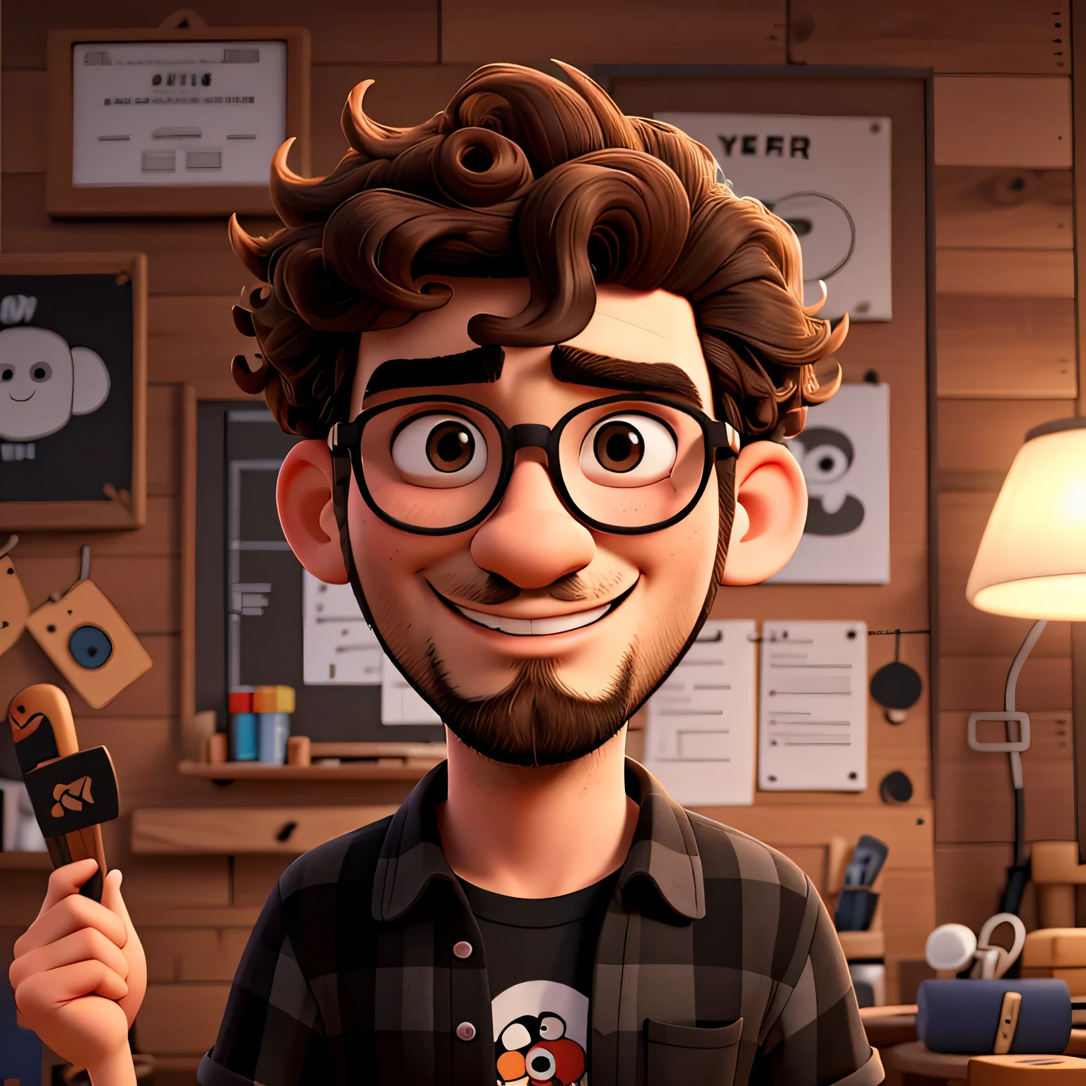 best quality image, man, 25 years old, short very curly hair, thick beard, wearing round prescription glasses, thin face, black shirt with a skateboard design, nerd