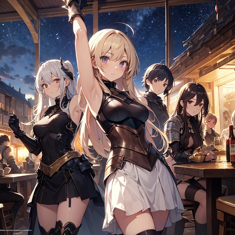 A group of young female knight, (in tavern), various hair styles, harem, wearing armored clothes, metal armor, night, details face, , short skirt, seducing, sword, sleeveless , showing armpits, night, starry night