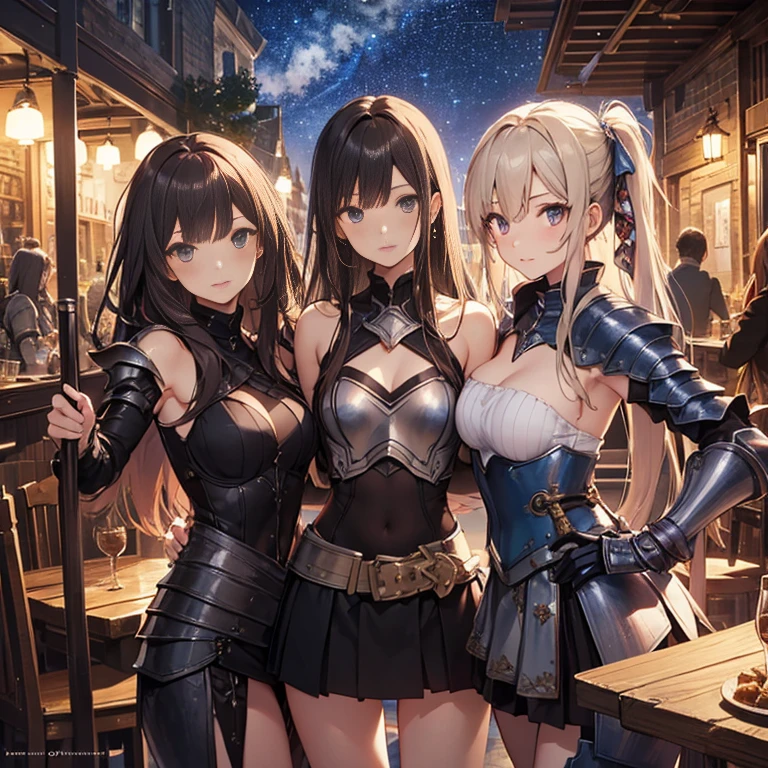 A group of young female knight, (in tavern), various hair styles, harem, wearing armored clothes, metal armor, night, details face, , short skirt, seducing, sword, sleeveless , showing armpits, night, starry night