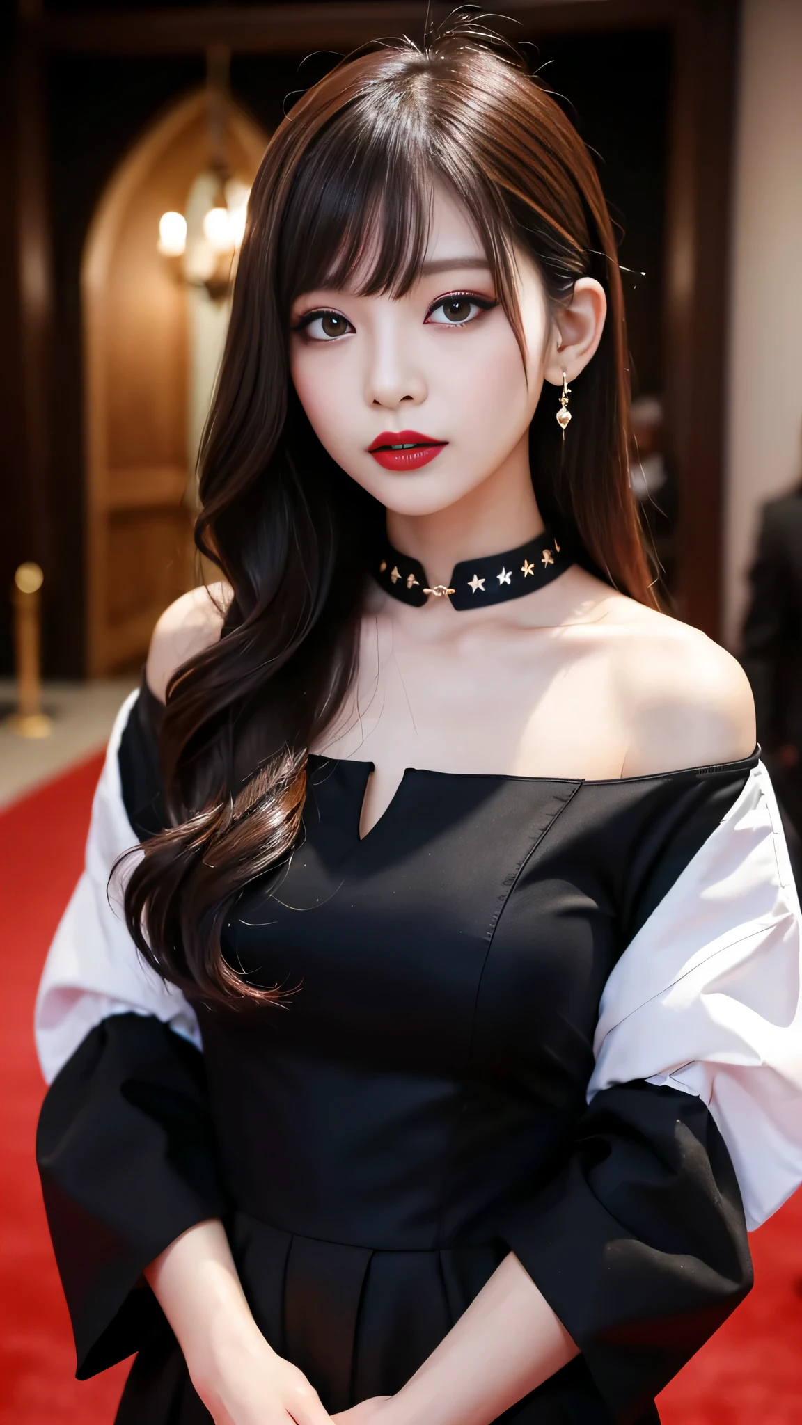 tra-detailed、Japanese、Attractive beauty、seductive adult woman、Pretty Woman、cool girl、brown hair、wavy hair、swept bangs、piercing eyes、hollow eyes、half-closed eyes、Hollow Eyes、Purple Eyeshadow、black lipstick、black lip gloss、dark makeup、smirk、Whisper in my ear、Evil expression、Long Black Cheongsam、Black wide sleeves、Evil cadres、Fallen into evil、brainwash、mind control、evil、Church at night、Swear allegiance、Have lipstick、Are standing