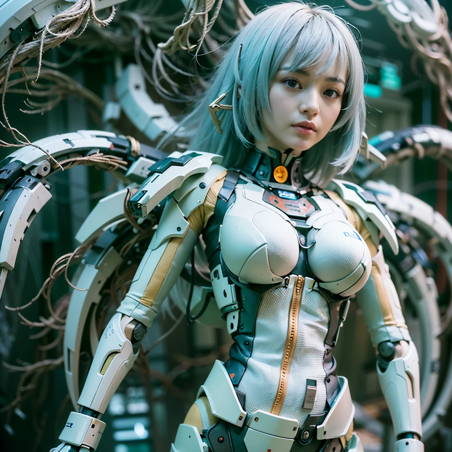(masterpiece, best quality:1.2), (8k uhd, 16k, 32k, ultra high res), (photorealistic:1.37), (RAW photo), ultimate-realistic, ultimate-realistic details, ultimate-realistic texture, ultimate-intricate details, ultimate-realistic lighting, ultimate-realistic shadow, japanese girl, ultimate-cute face, ultimate-RAW skin, ultimate-realistic eyes, Beautiful Japanese girl with beautiful eyes and lips on upper body, spider body on lower body, bat wings, partly mechanical elements, , vivid colors, detailed depiction of girl's hair blowing in the wind, realistic textures on the spider body, mechanical partssurrealistic lighting, eerie atmosphere, dark and mysterious background, full body, masterpiece, best quality(:1.2), extremely ultra detailed, Japanese android girl,Plump,control panels,Squat,Mechanical Hand,Robot arms and legs, black sponge joints,blunt bangs,white robot body,ceramic body,white long boots,perfect cyborg girl,charging spot,She is charging now,blue eyes, extremely ultra real texture, human-like skin, realistic hair, realistic metal texture, professional lighting, (RAWphoto), photorealistic