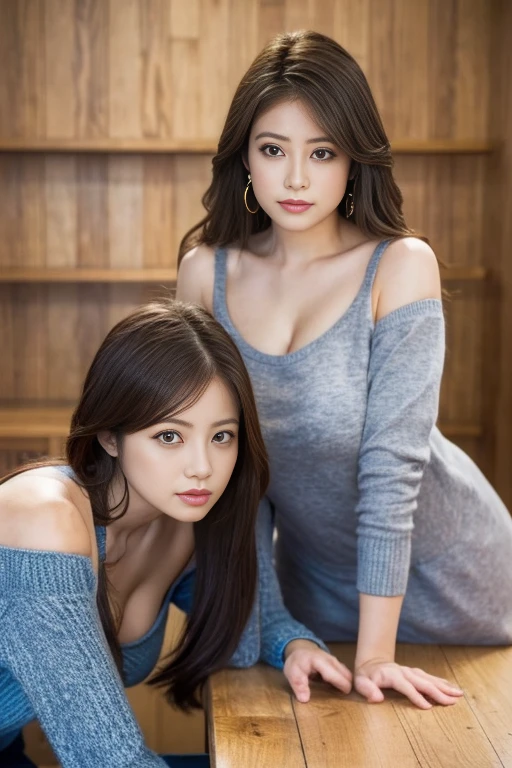 highest quality, Tabletop, Ultra-high resolution, (Realistic:1.4), Raw photo, 32K Portrait, Very detailed, Cowboy Shot,Two Girls、Two Girls、Leaning forward、Huge Breasts、Cleavage、The two of them stare at each other.、On all fours、On all foursになって、Super big 、Off-the-shoulder knit