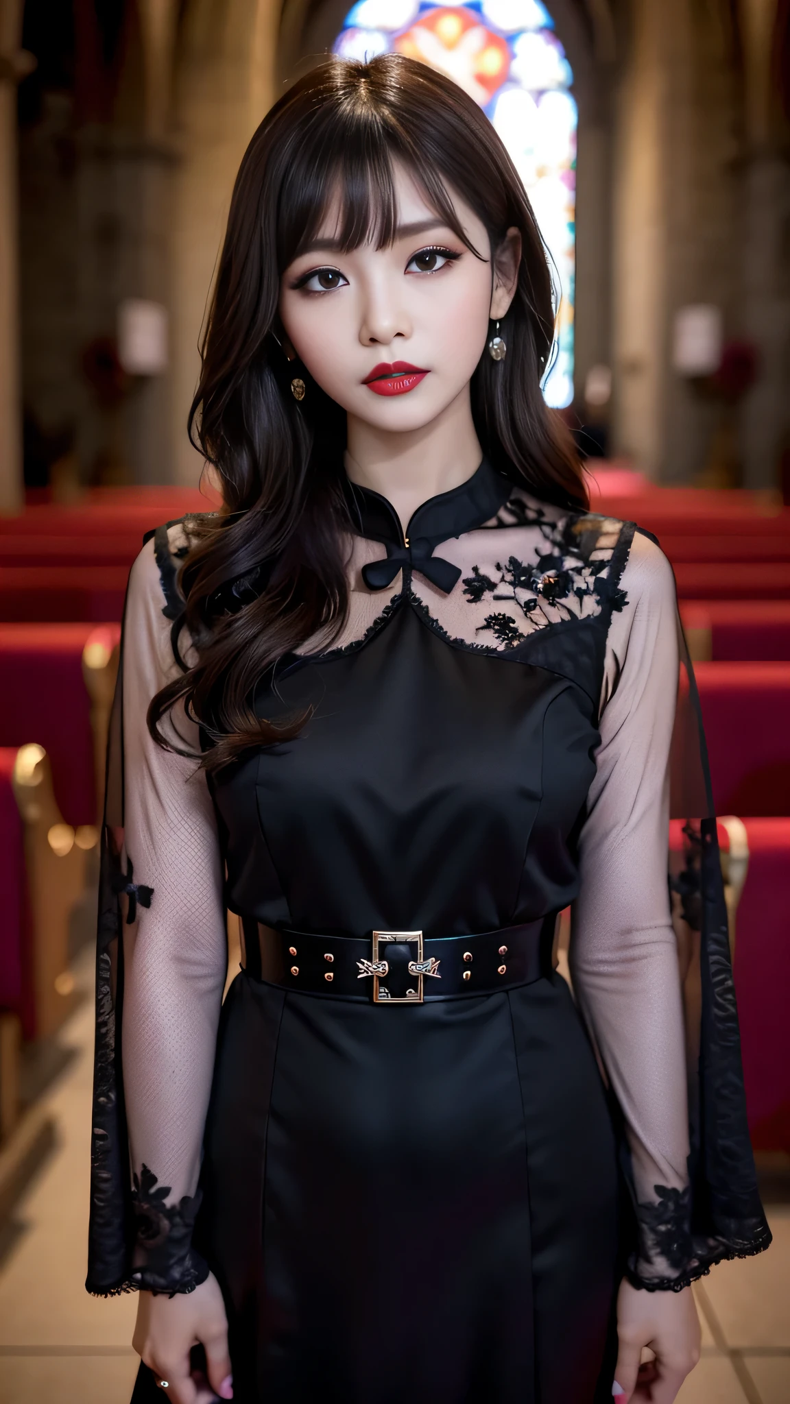 tra-detailed、Japanese、Attractive beauty、seductive adult woman、Pretty Woman、cool girl、brown hair、wavy hair、swept bangs、piercing eyes、hollow eyes、half-closed eyes、Hollow Eyes、Purple Eyeshadow、black lipstick、black lip gloss、dark makeup、smirk、Whisper in my ear、Evil expression、Long Black Cheongsam、Black wide sleeves、Evil cadres、Fallen into evil、brainwash、mind control、evil、Church at night、Swear allegiance、Have lipstick、Are standing