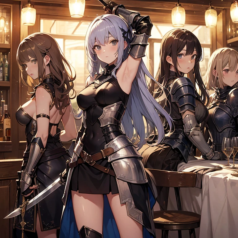 A group of young female knight, (in tavern), various hair styles, harem, wearing armored clothes, metal armor, night, details face, , short skirt, seducing, sword, sleeveless , showing armpits, night, starry night 