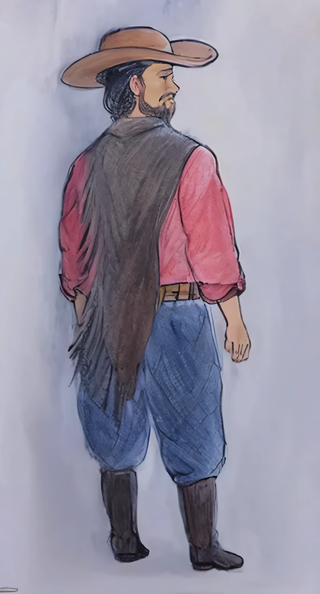 desenho de um nativo gaucho, homem com camisa vermelha, bomber pants, gaucho, black poncho scarf, hat and beard,  camisa vermelha, com seus cabelos negros, watercolored, pastel artwork, colored sketch, colorized pencil sketch