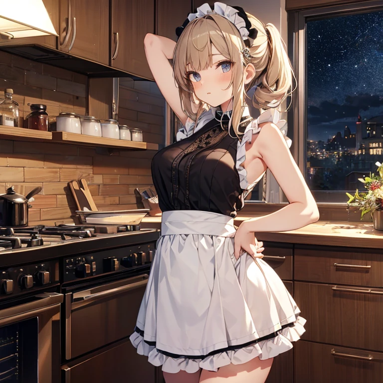 A maid, (in kitchen), various hair styles, night, details face, short skirt, seducing, sleeveless, maid uniform, armpits, elf
