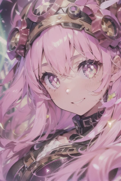 gear:2.Steam engines:2.fullllbody:2.Steampunk style:2.hour glass、gear:2、((masutepiece))),((ultra-detailliert,Best Quality, hight resolution)), (1 girl)((Pink hair, Long hair,Straight hair,two side up)) (Green eyes),eyeshadows, eye line,gloweyes, ultradetailed eyes, intricate eyes, Beautiful eyes, ((Glowing pink pupils))18-year-old girl、frilld.Smile .machinery background.((High contrast RGB effect, LED effect, Kaleidoscope effect, Shining Effect, Ripple Effect, Glitter RGB effect)) A smile